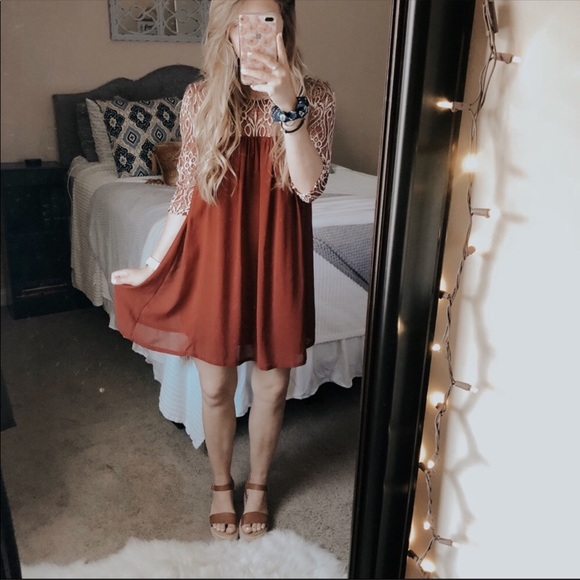 Altar'd State Dresses & Skirts - Altar’d State Red Lacey Long Sleeve Babydoll Dress